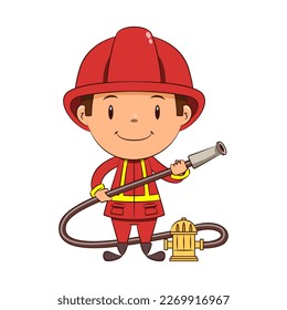 Child firefighter holding hose, fireman