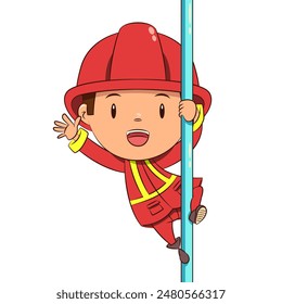 Child firefighter sliding pole, vector illustration