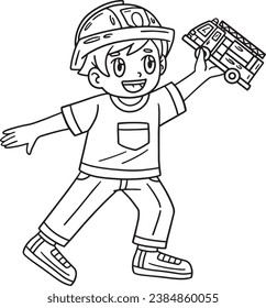 Child with Firefighter Truck Toy Isolated Coloring