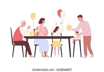 Child first birthday celebration flat vector illustration. Cake smash party event. Family celebrating baby one year anniversary sitting at table cartoon characters. Grandfather greeting toddler.