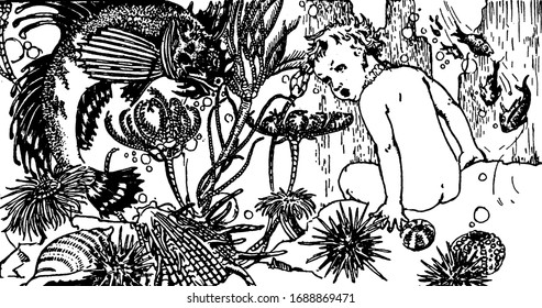 A child and fishes inside the water, vintage line drawing or engraving illustration