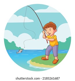 A child is fishing. He likes to catch fish.