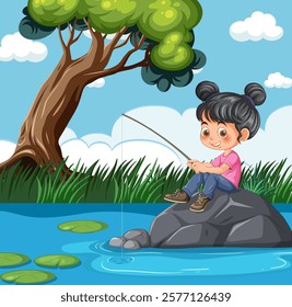 A child fishing on a rock by the pond