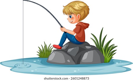 A child fishing on a rock by water