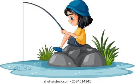 A child fishing while sitting on rocks