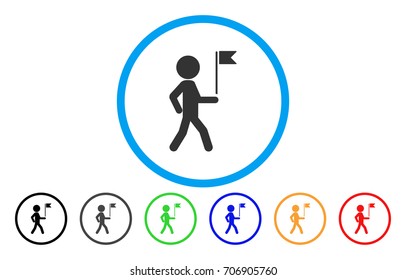 Child Flag Guide vector rounded icon. Image style is a flat gray icon symbol inside a blue circle. Additional color versions are grey, black, blue, green, red, orange.