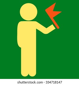 Child With Flag vector icon. Style is bicolor flat symbol, orange and yellow colors, rounded angles, green background.