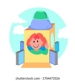 Child flies with a built rocket of a cardboard box, books, bowl. Game. Sketch vector illustration