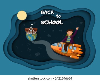 A child flies to school on a school bus among the supplies. Back to school. Vector illustration.