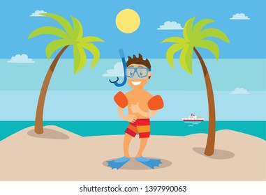 Child in flippers and inflatable circles, standing on beach between palm trees, smiling character in shorts. Sea view with ship, sunny weather vector