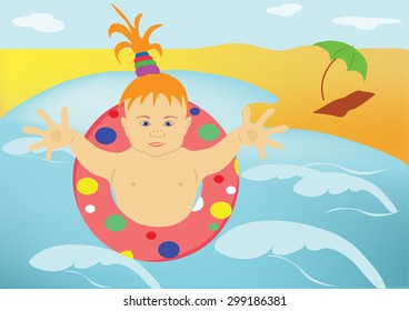 Child floating in the waves of the sea, on the shore is an umbrella and towel 