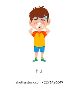 Child with flu disease. Isolated vector sick boy with fever and runny nose. Seasonal cold, viral sickness, influenza symptoms. Children health care, medical treatment, illness prevention