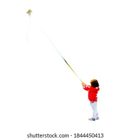 Child Fly With Kite, Isolated Low Polygonal Vector Illustration. Geometric Drawing From Triangles