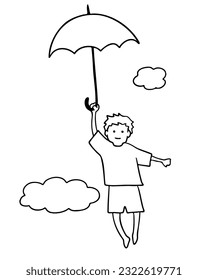 Child flying above the clouds with umbrella