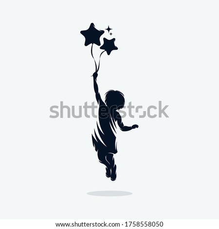A child is flying holding balloons logo