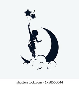 A child is flying holding balloons on the moon logo design template