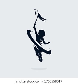 A child is flying holding a flag