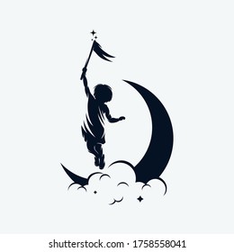 A child is flying holding a flag on the moon logo design template