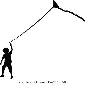 A Child Flying Kite, Silhouette Vector