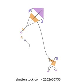 Kinder fliegende Drachen. Vektor-einzelne Farbgrafik im Stil von Flachlinien-Kunst 