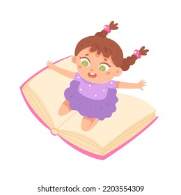 Child flying on book vector illustration. Cartoon tiny smart girl fly on big textbook to school lesson, isolated kid study with joy, read literature for knowledge