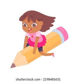 Child flying on pencil to school vector illustration. Cartoon isolated young cute girl student character riding pencil rocket to study in classroom, funny elementary pupil in learning adventure