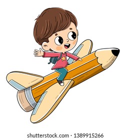 Child flying on a pencil with wings