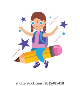 child flying over pencil isolated over white background. vector illustration