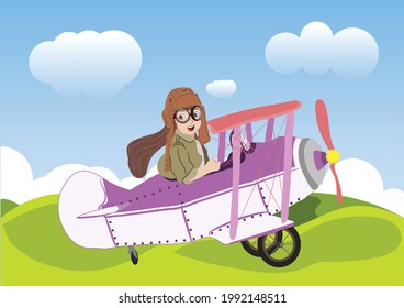 Un niño volando un avión de juguete, un paisaje de fondo y un cielo