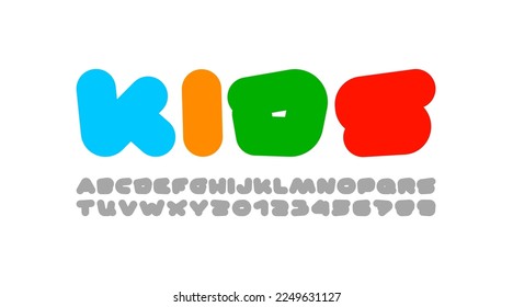 Child font, bright alphabet, modern letters and numbers, vector illustration 10eps