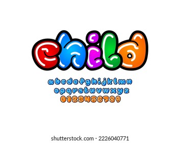 Child font, comic alphabet in the cartoon style, lowercase letters and numbers, vector illustration 10EPS