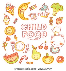Child food, set of colorful fruits, vegetables, sweets, cookies with smile
