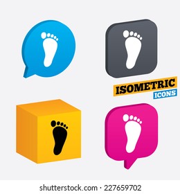 Child footprint sign icon. Toddler barefoot symbol. Isometric speech bubbles and cube. Rotated icons with edges. Vector