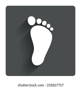 Child footprint sign icon. Toddler barefoot symbol. Gray flat square button with shadow. Modern UI website navigation. Vector