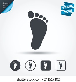 Child footprint sign icon. Toddler barefoot symbol. Circle and square buttons. Flat design set. Thank you ribbon. Vector