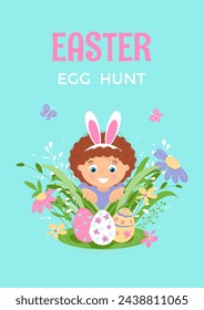 Child found Easter eggs in the grass.Easter egg hunt.Invitation template.Vector stock illustration in flat style.