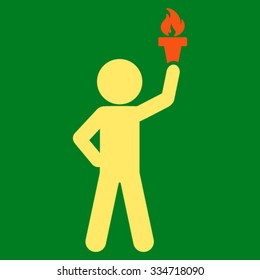 Child With Freedom Torch vector icon. Style is bicolor flat symbol, orange and yellow colors, rounded angles, green background.