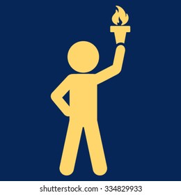 Child With Freedom Torch vector icon. Style is flat symbol, yellow color, rounded angles, blue background.