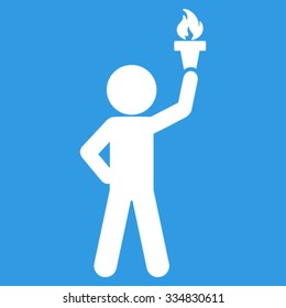 Child With Freedom Torch vector icon. Style is flat symbol, white color, rounded angles, blue background.