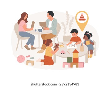 Child friendly area isolated concept vector illustration. Kid friendly area, welcome with children, family restaurant dining, entertainment service, shopping center playground vector concept.