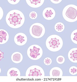 Child friendly polka dotted seamless pattern. White circles with elements inside. For design, textile, wrapping, baby shower, card, print.