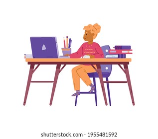 Child in front of a computer learns online, flat vector illustration isolated.