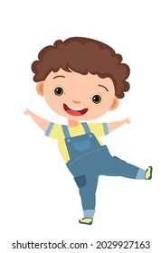 Child funny. Little boy. In jeans clothes. Kid jumps for joy. Charming active cute character. Cute kid. Face wobble smile. Cartoon style. Isolated on white background. Vector.