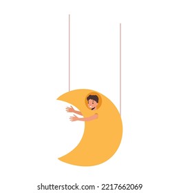 Child in Funny Theatrical Costume of Moon Hanging on Ropes, Little Boy Artist Character Take Part in School Performance. Kid Crescent Isolated on White Background. Cartoon People Vector Illustration