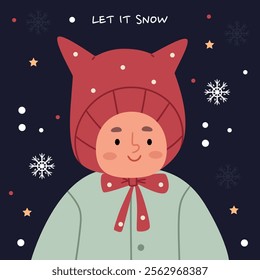 Child in a funny winter  hat. Card let it snow.Funny vector illustration.