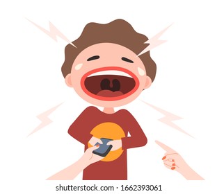 Child gadget addiction. Mom takes the smartphone from the crying baby. Child safety on the Internet. Vector illustration isolated on white background