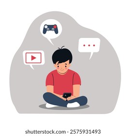 Child with gadget. Boy using smartphone isolated. Vector flat cartoon style  illustration