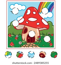 Child Game. Collect a picture. Education game for children. Mushroom house concept. Imagination and fantasy, fairy tale.