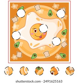 Child Game. Collect a picture. Education game for children. Cute happy fried egg. Vector cartoon character illustration. Cartoon flat vector illustration.