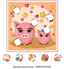 Child Game. Collect a picture. Education game for children. Cute pigs concept. Flora and fauna, nature.